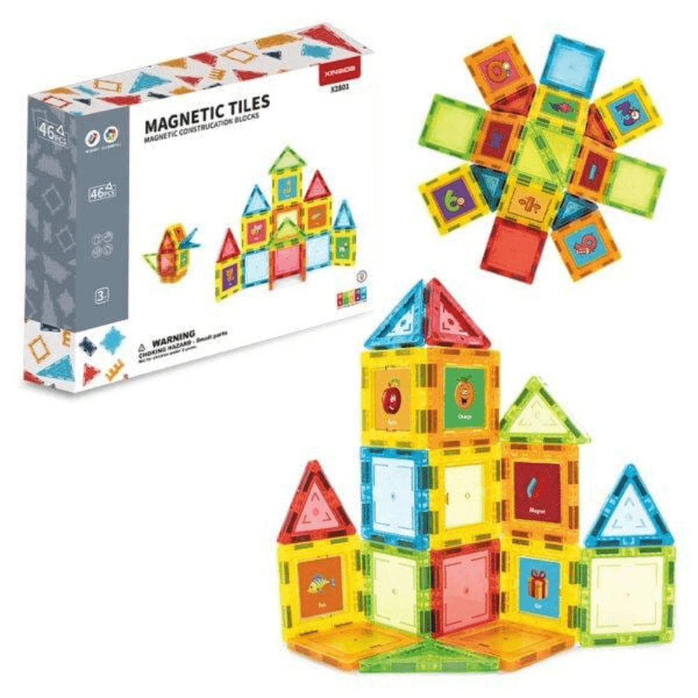 Tuiles Magnétiques pour Enfants - Blocs de Construction Éducatifs 3D - Jeu Créatif STEAM Tuiles Magnétiques XINBIDA avec tuiles magnétiques – 46 pièces colorées et illustrées, modèle X2301 pour enfants.