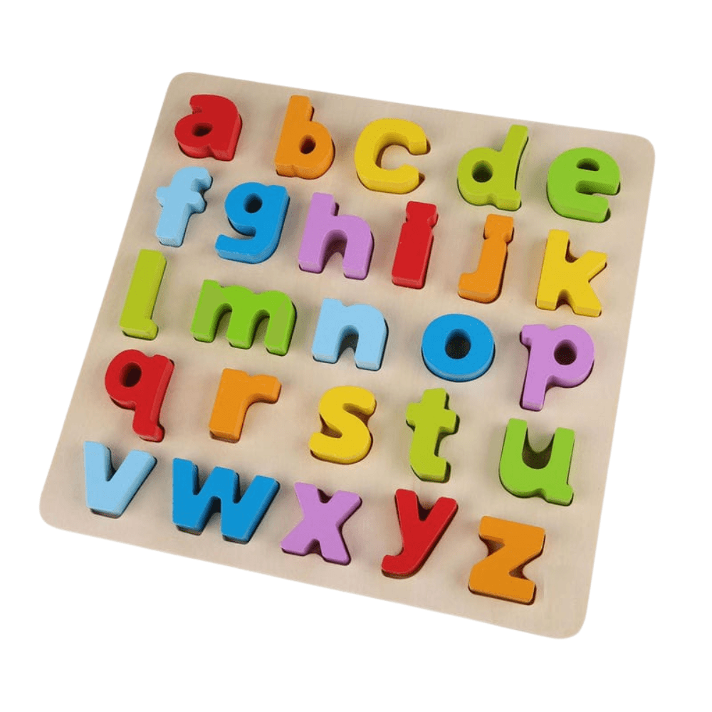 Tableau d'Appariement de Lettres Puzzle en bois pour enfants, représentant l'alphabet minuscule en couleurs vives sur un plateau clair.