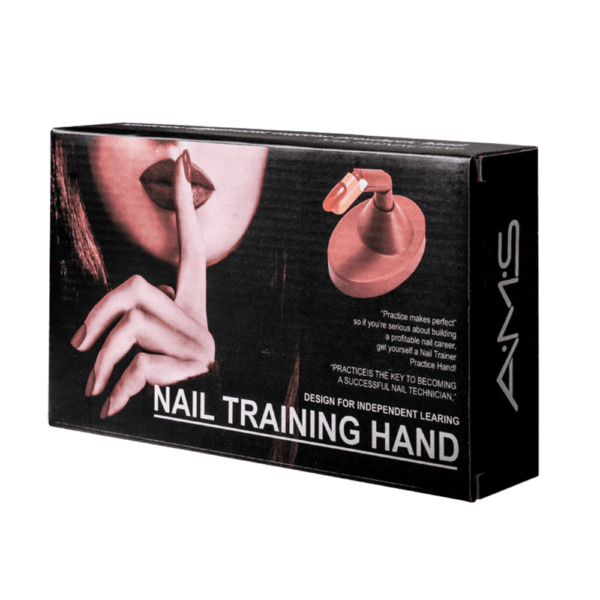 Outil de formation main d’entraînement pour ongles A.M.S. avec doigt amovible sur socle, idéale pour pratiquer gel, acrylique et nail art