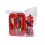 Set repas rouge Cars pour enfant, comprenant une boîte à lunch rectangulaire et une gourde, toutes deux illustrées de Flash McQueen et emballées.