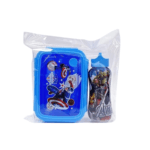 Set repas bleu Captain America et Avengers pour enfant, comprenant une boîte à lunch et une gourde emballées. La boîte à lunch est bleue avec Captain America au centre.