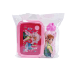 Pack Lunch Box Set repas pour enfant sous licence La Reine des Neiges (Frozen Fever), emballé dans du plastique transparent. Il comprend une boîte à lunch rectangulaire rose et une gourde assortie, toutes deux décorées des personnages Anna et Elsa.