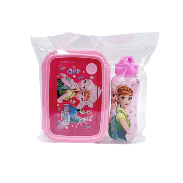Pack Lunch Box Set repas pour enfant sous licence La Reine des Neiges (Frozen Fever), emballé dans du plastique transparent. Il comprend une boîte à lunch rectangulaire rose et une gourde assortie, toutes deux décorées des personnages Anna et Elsa.