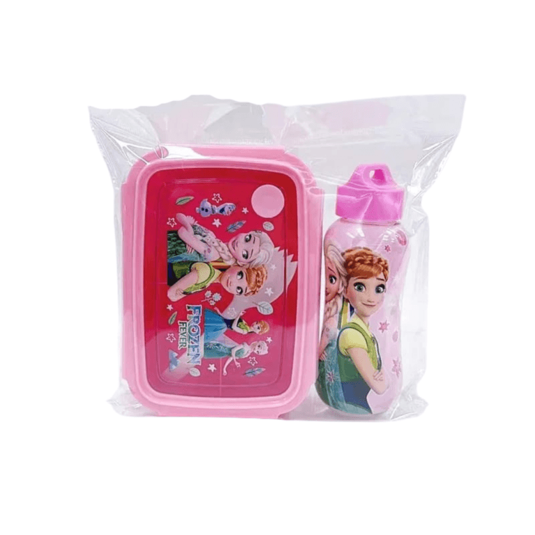 Pack Lunch Box Set repas pour enfant sous licence La Reine des Neiges (Frozen Fever), emballé dans du plastique transparent. Il comprend une boîte à lunch rectangulaire rose et une gourde assortie, toutes deux décorées des personnages Anna et Elsa.
