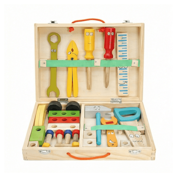 Boite a outils enfant bois ouverte contenant marteau, clé et accessoires de bricolage.
