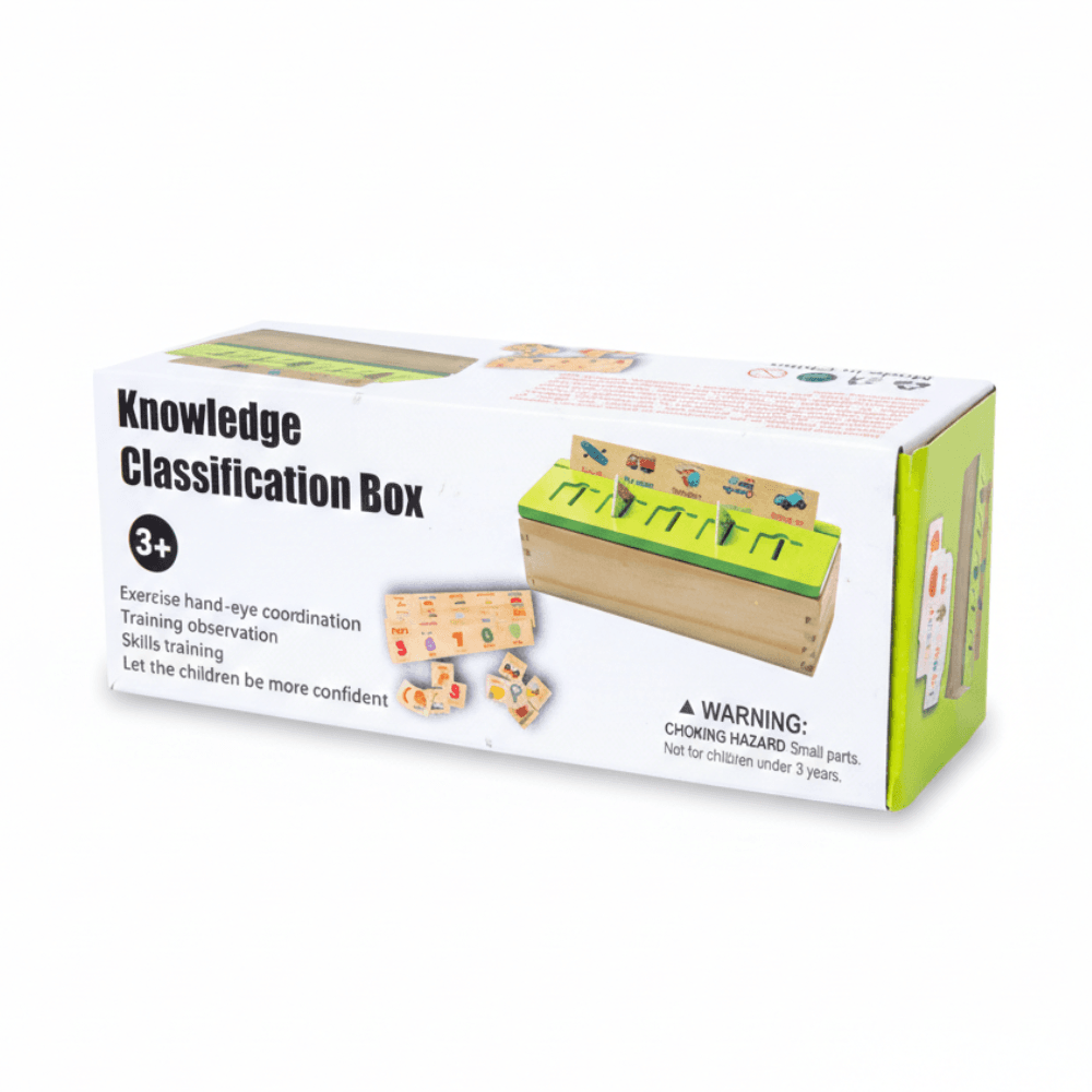 Vue de l'emballage - Knowledge Classification Box. Packaging officiel de la Boîte de classification Montessori en bois - Jouet éducatif 3+.