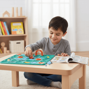 Enfant concentré résolvant un défi STEM avec le jeu de construction logique Logical Road Builder.