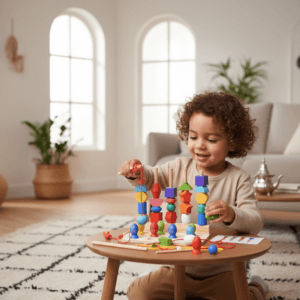 Enfant de 3 ans développant sa motricité fine avec le jeu éducatif en bois de pêche et d'empilage.