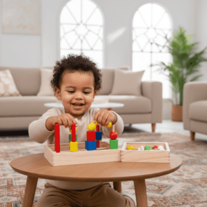 Enfant utilisant le jeu d'enfilage en bois pour une activité de motricité fine dans un salon moderne.