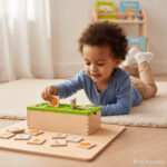 Enfant de 3 ans développant sa logique avec la boîte de classification Montessori.
