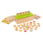 Jeu de tri en bois Montessori comprenant 1 boîte, 8 planches et 80 cartes illustrées.