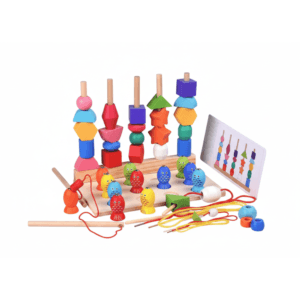 Jeu éducatif en bois 3-en-1 comprenant pêche magnétique, tri de formes et piliers d'empilage colorés.