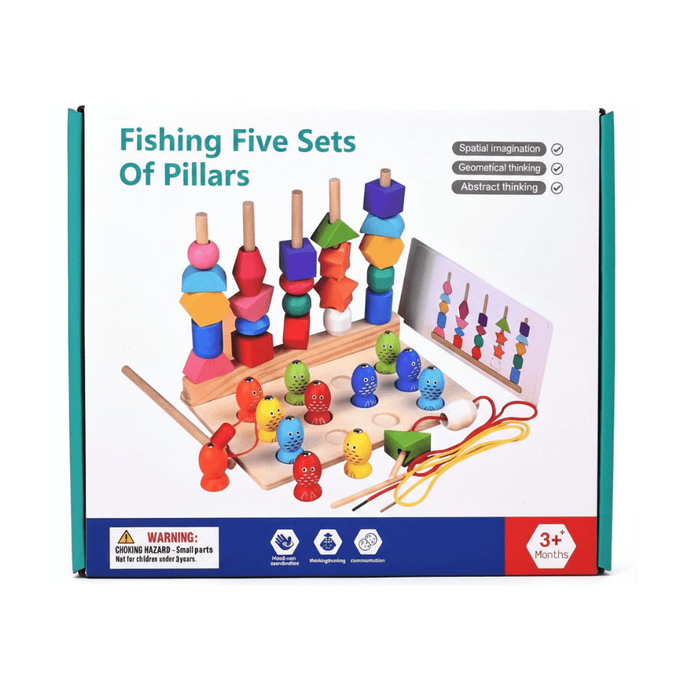 Emballage Officiel - Jeu de Pêche et Empilage Jeu éducatif en bois Fishing Five Sets dans son emballage officiel - Jouet Montessori disponible au Maroc.