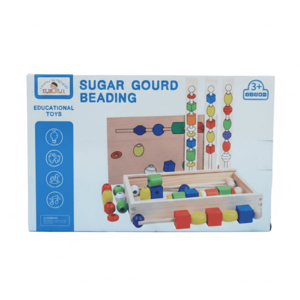 Jeu d'enfilage en bois Sugar Gourd dans sa boîte d'origine Wood Mom - Disponible au Maroc.