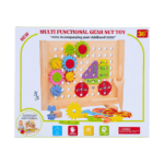 Boîte d'origine du jouet educatif engrenage éducatif en bois montrant les certifications de sécurité et d'âge.