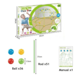 Gros plan sur la boîte d'un kit de construction pour enfants appelé "Build Your Own Den" (Construisez Votre Propre Cabane). La boîte montre un jeune garçon blond en train d'assembler une structure en forme de dôme à l'aide de tiges vertes et de connecteurs jaunes et bleus. L'inscription "3+ AGES" et "The possibilities are endless!" (Les possibilités sont infinies !) est visible.