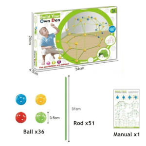 Gros plan sur la boîte d'un kit de construction pour enfants appelé "Build Your Own Den" (Construisez Votre Propre Cabane). La boîte montre un jeune garçon blond en train d'assembler une structure en forme de dôme à l'aide de tiges vertes et de connecteurs jaunes et bleus. L'inscription "3+ AGES" et "The possibilities are endless!" (Les possibilités sont infinies !) est visible.