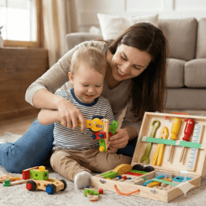 أم وابنها يلعبان معاً بلعبة محاكاة 