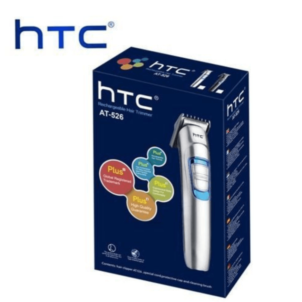 HTC AT-526 Tondeuse à cheveux rechargeable (2) Boîte de la tondeuse à cheveux rechargeable HTC AT-526 avec image du produit et logo HTC.