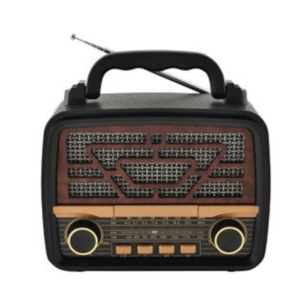 Haut-parleur radio rétro portable Bluetooth avec design vintage imitation bois, poignée supérieure et grandes molettes de commande.