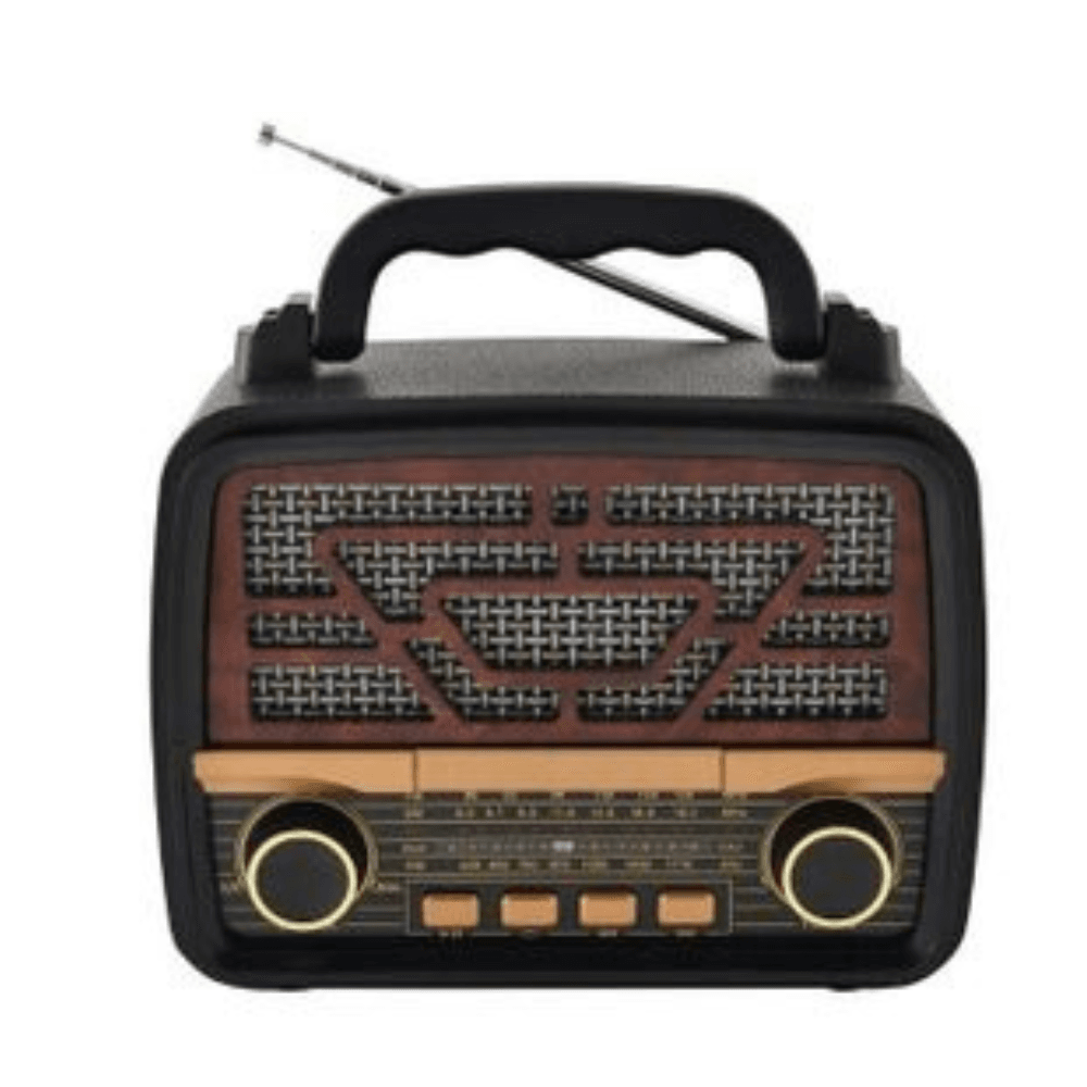 Haut-parleur Radio Rétro Portable Bluetooth Haut-parleur radio rétro portable Bluetooth avec design vintage imitation bois, poignée supérieure et grandes molettes de commande.