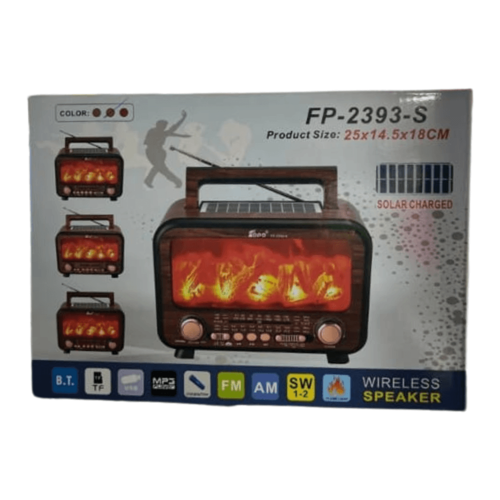 Haut-parleur sans fil FP-2393-S avec Radio et Effet Flamme Haut-parleur sans fil FP-2393-S de style radio rétro avec Bluetooth, radio FM/AM/SW, lecture USB et carte TF, panneau solaire et effet flamme animé.