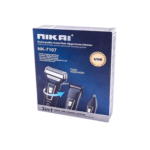 Boîte de tondeuse rechargeable NIKAI NK-7107 3 en 1, montrant le rasoir électrique, la tondeuse à cheveux et la tondeuse nez, avec mention USB et système de rasage avancé.