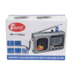 Radio portable Fepe FP-1780U avec antenne télescopique, lecteur MP3 USB/TF et lampe torche intégrée.