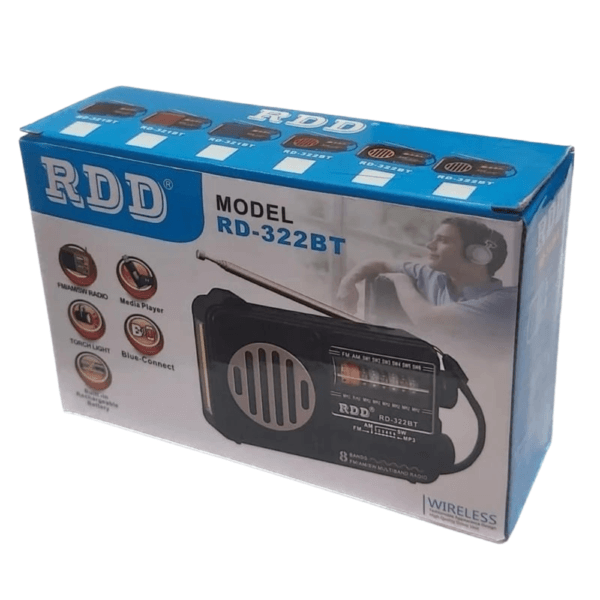 Radio portable RDD RD-322BT avec antenne télescopique, Bluetooth, lecteur MP3, lampe torche et batterie rechargeable.