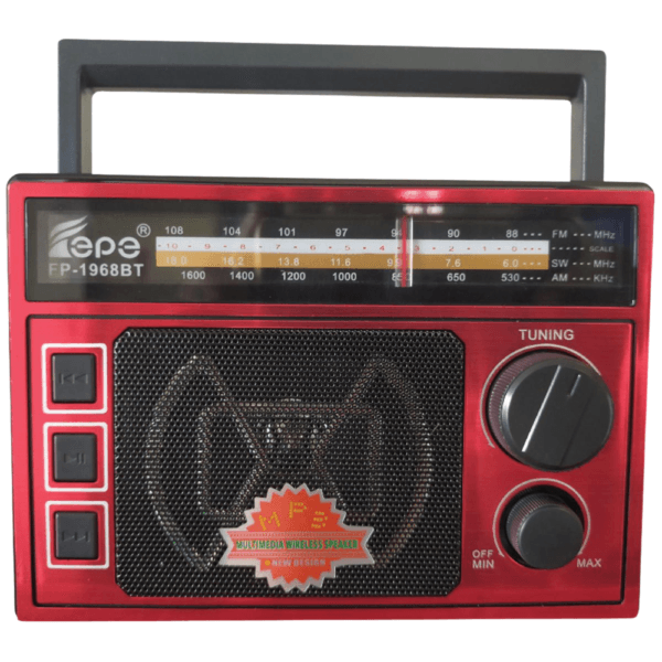 Radio et haut-parleur portable Fepe FP-1968BT rouge avec poignée noire, Bluetooth, MP3 et radio FM/AM/SW pour usage nomade.