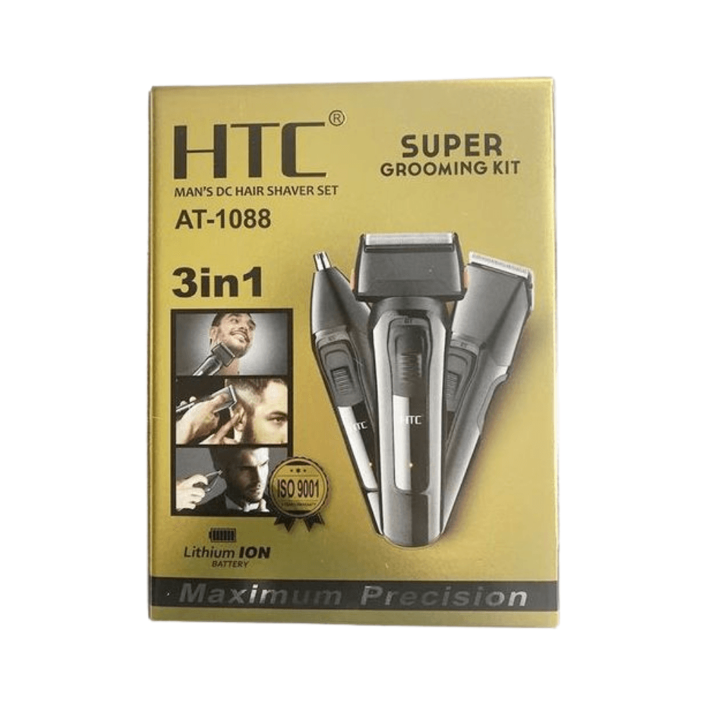 Tondeuse Cheveux Multifonctionnel 3-en-1 Homme HTC AT-1088 (2) Boîte du Kit de Toilettage 3-en-1 HTC AT-1088. Tondeuse cheveux, rasoir et coupe-nez rechargeables par batterie Lithium-Ion, avec mention "Super Grooming Kit" et "Maximum Precision".