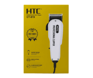 Tondeuse Cheveux Professionnelle HTC CT-819 blanche, design breveté, lames en acier carbone, coupe zéro, contrôle d'ajustement de la lame, certification ISO 9001.