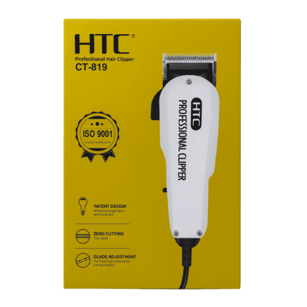 Tondeuse Cheveux Professionnelle HTC CT-819 blanche, design breveté, lames en acier carbone, coupe zéro, contrôle d'ajustement de la lame, certification ISO 9001.