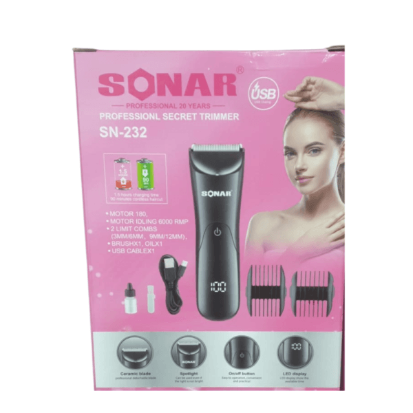 Tondeuse professionnelle SONAR SN-232 noire avec affichage LED, lames céramiques, sabots de coupe et recharge USB.
