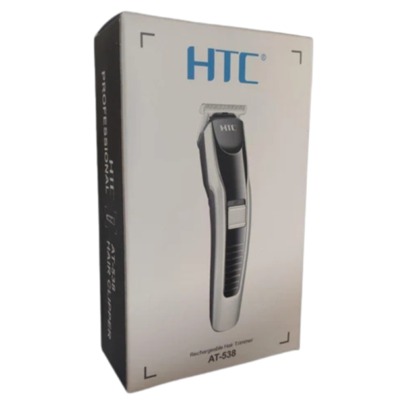Boîte de la tondeuse à cheveux rechargeable et professionnelle HTC, modèle AT-538, sur fond blanc.