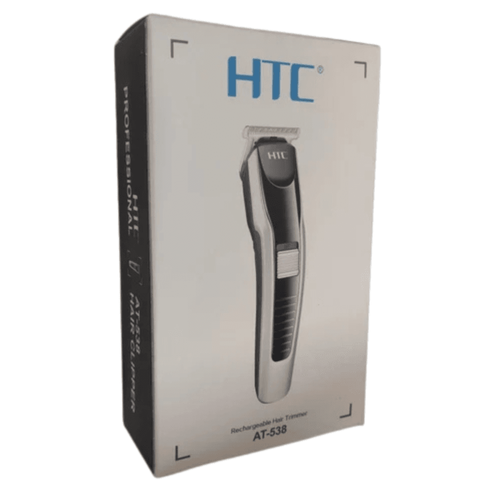 Tondeuse à Cheveux Professionnelle Rechargeable HTC AT-538 Boîte de la tondeuse à cheveux rechargeable et professionnelle HTC, modèle AT-538, sur fond blanc.