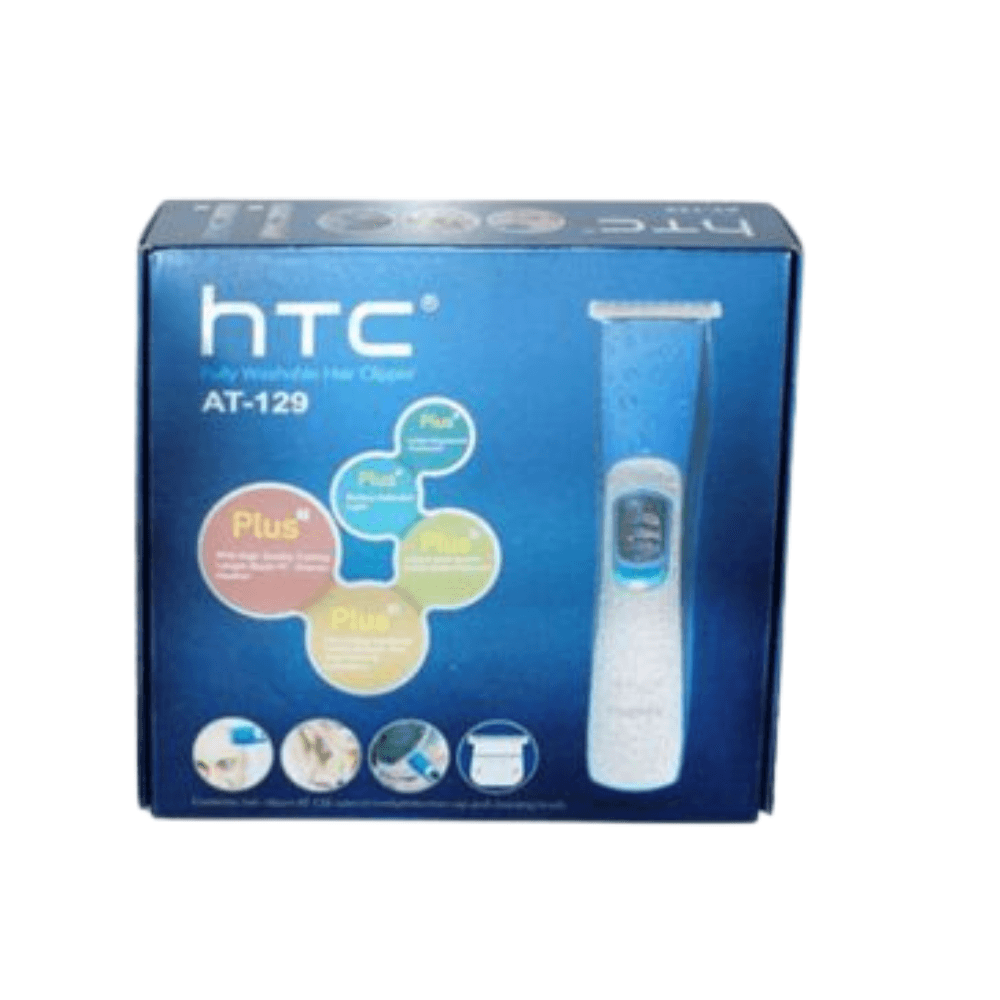 Tondeuse à Cheveux et Barbe Lavable htc AT-129 Boîte de la tondeuse à cheveux étanche htc AT-129 sur fond blanc.