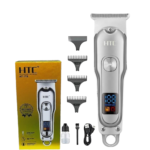 Tondeuse à cheveux rechargeable HTC AT-179 avec écran LED sur boîte dorée.