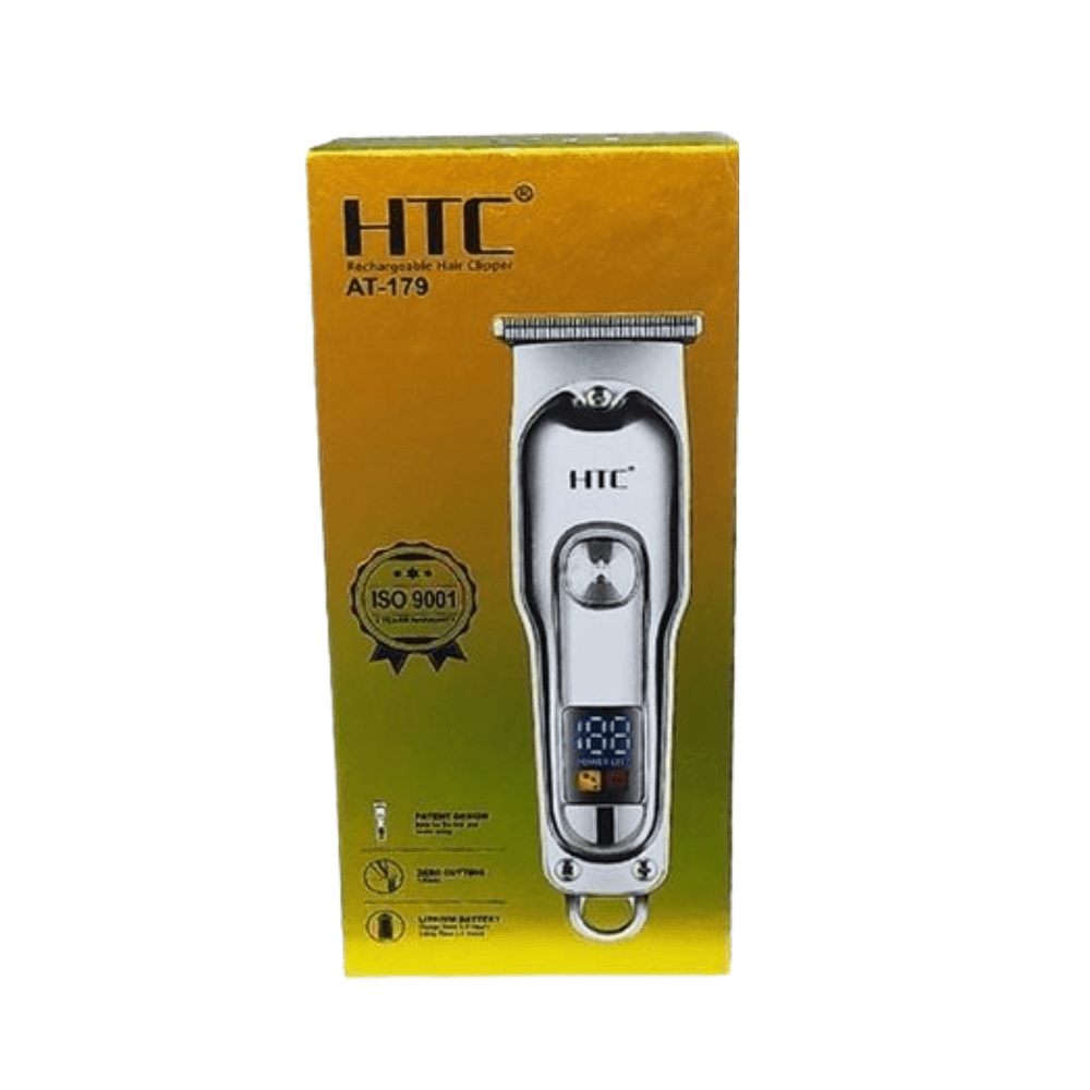 Tondeuse à cheveux rechargeable HTC AT-179 (2) Tondeuse à cheveux rechargeable HTC AT-179 avec écran LED sur boîte dorée.