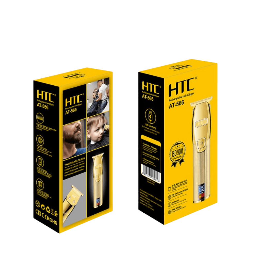 Tondeuse de Finition Professionnelle Rechargeable HTC AT-566 (2) Emballage de la tondeuse de finition professionnelle HTC AT-566 de couleur or, montrant la tondeuse et ses principales caractéristiques.