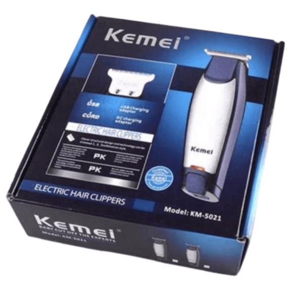Tondeuse électrique Kemei KM-5021 rechargeable pour cheveux et barbe, avec design ergonomique et lames en acier inoxydable.