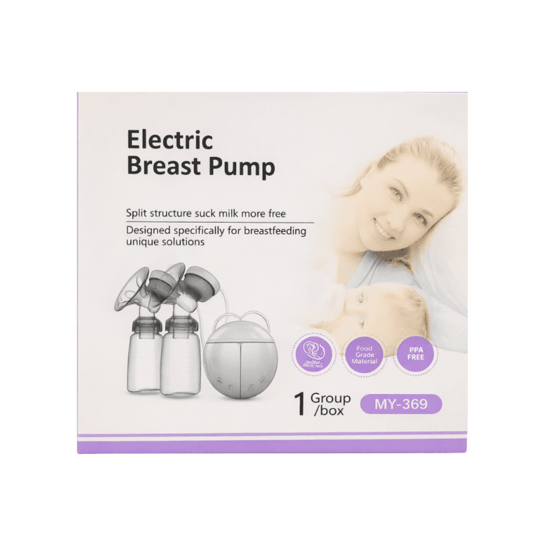Emballage du tire lait électrique double MY-369 montrant le système de pompage et les éléments inclus