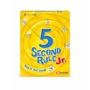 Jeu 5 Secondes Junior sur un tapis de jeu avec enfants qui rient, représentant un jeu d'ambiance familial.