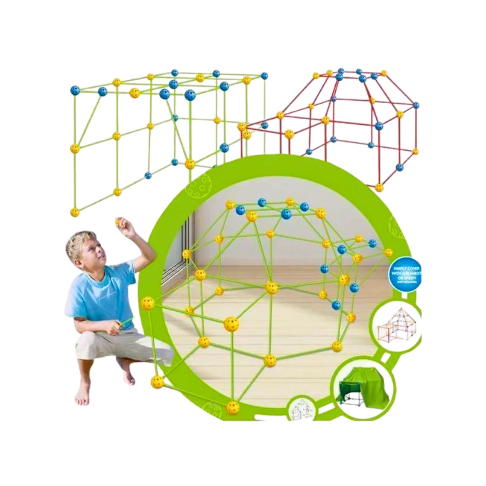 Jeu construction enfant avec bâtons et connecteurs pour créer cabanes et tentes à la maison dès 3 ans