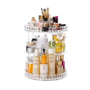 Organisateur cosmetique rotatif élégant en acrylique transparent Diamond pour salle de bain ou chambre.