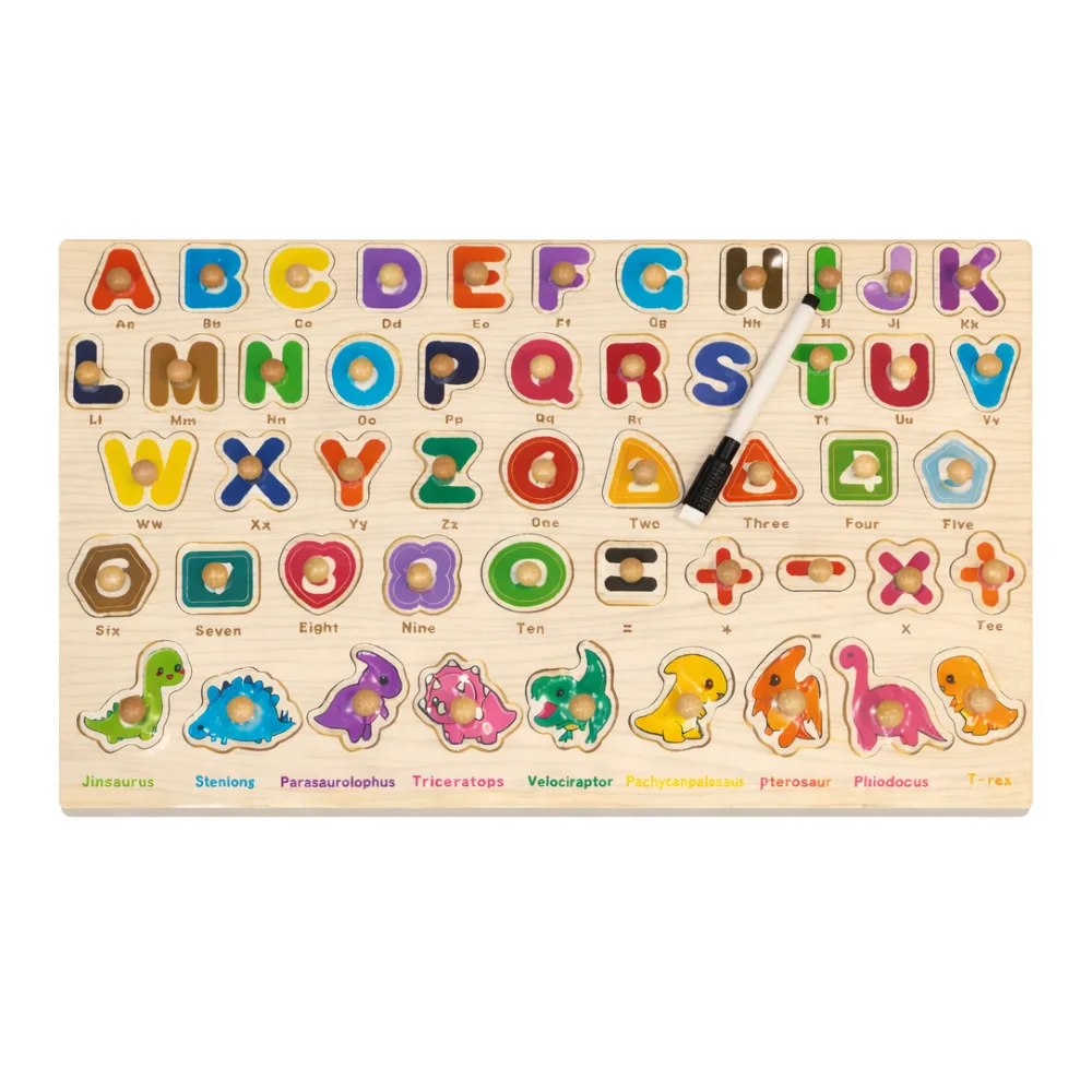 Puzzle educatif en bois 3-en-1 avec alphabet, chiffres et dinosaures pour apprentissage enfant dès 3 ans