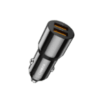 Image duChargeur voiture Usb rapide 36W ORYX en aluminium, branché sur un allume-cigare, prêt à recharger deux téléphones avec ses ports USB-A.