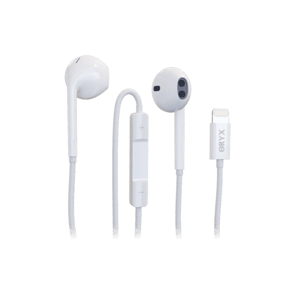 Écouteurs filaires Lightning ORYX SEF-021i blancs pour iPhone, idéaux pour écouter ta musique ou passer des appels au Maroc