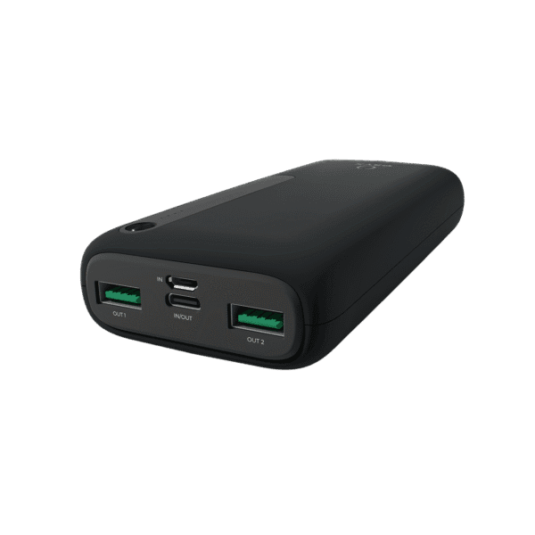 Power bank 20000mAh ORYX NP-21N noir chargeant un smartphone sur une table au Maroc