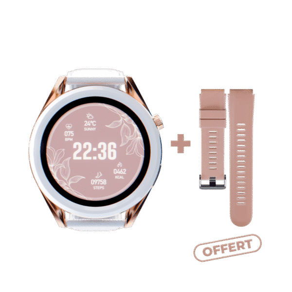 Montre connectée Oryx Diva au poignet d'une femme pour un suivi d'activité sportive.